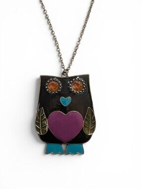 Y2K Retro Enamel Owl Statement Necklace Purple Heart Rhinestone Eyes Goldtone